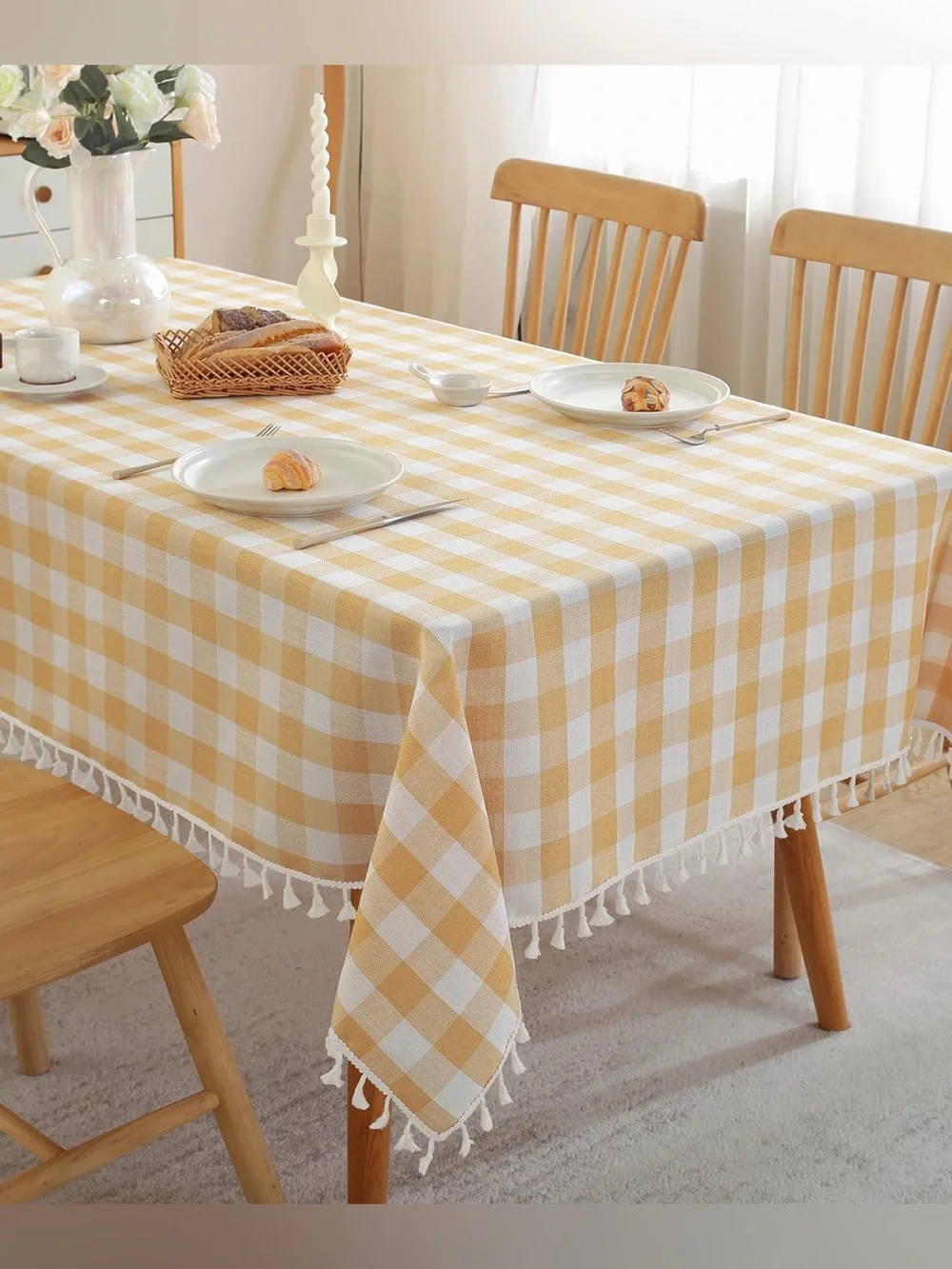 BUFFALO Checkered Gingham Tablecloth Tassel Trim Cotton SQUARE 55x55” YELLOW